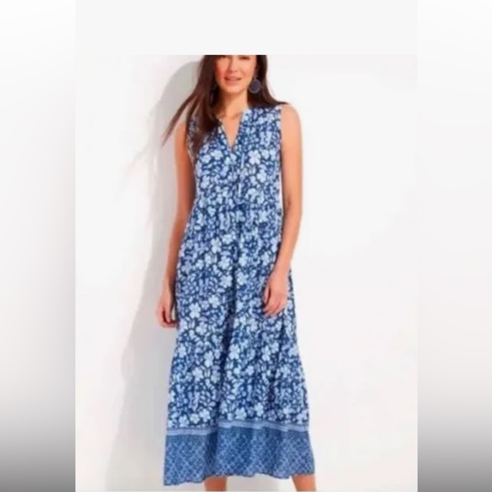 Vineyard Vines Hibiscus blue and white midi dress size XL notched collar